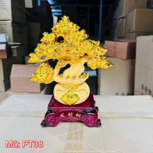 Tượng cây kim tiền tài lộc và túi tiền vàng phong thủy PT38