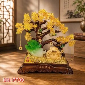 Tượng cây tài lộc hoa vàng và cóc ngậm tiền phong thủy PT39